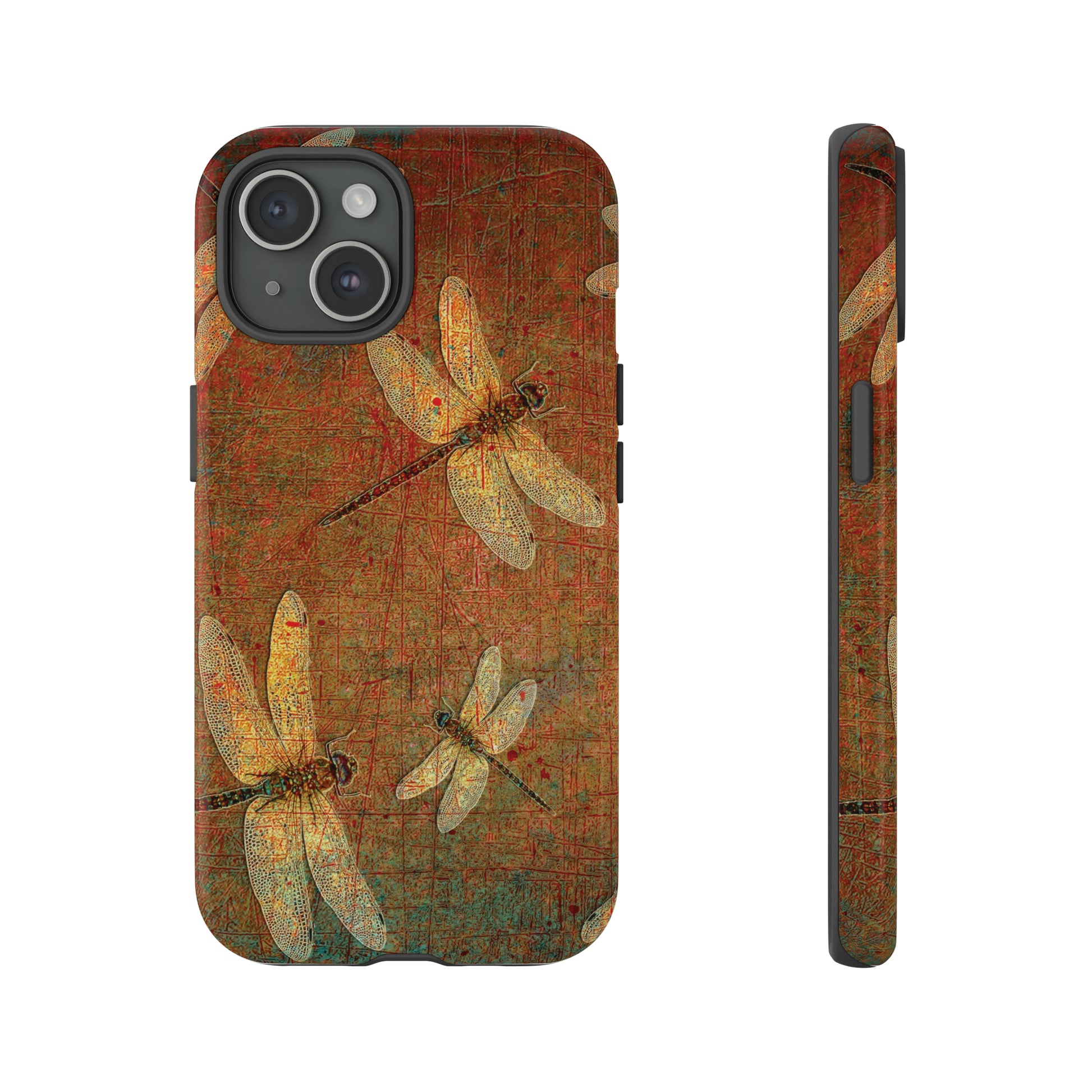 Golden Dragonflies on Brown Background Print Tough Case for iPhone 15 front and side