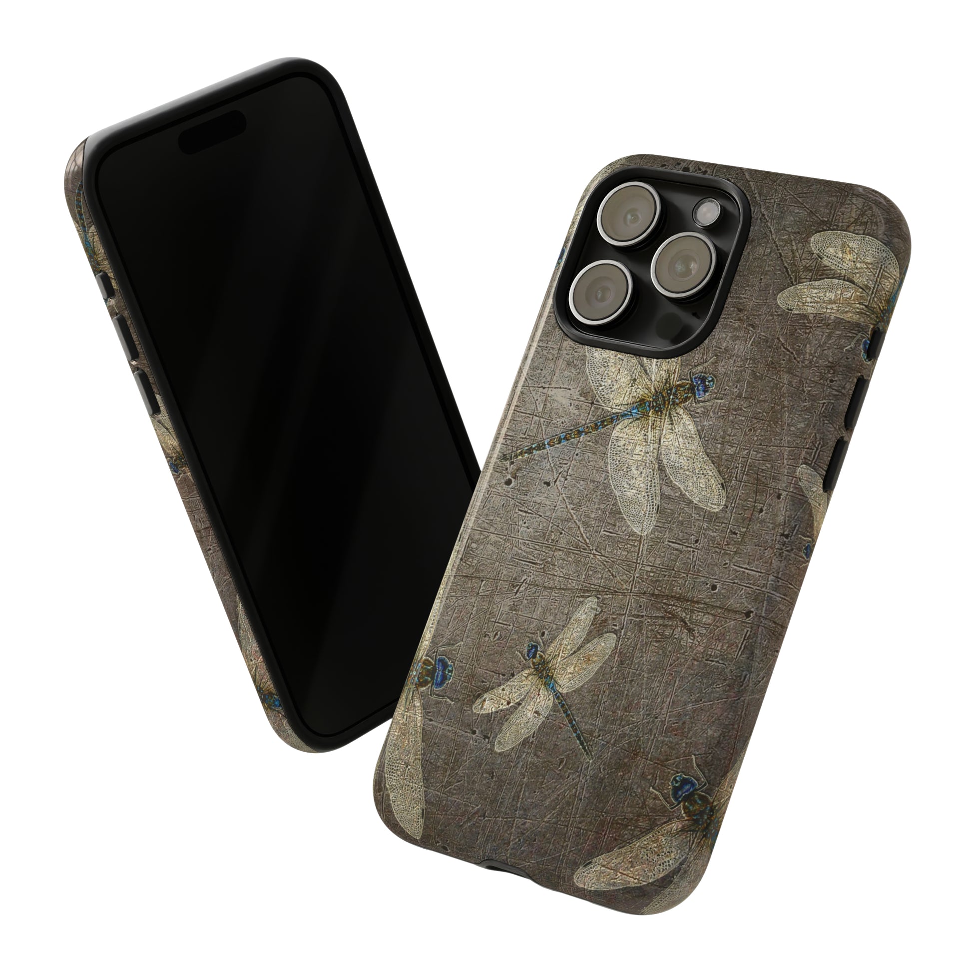 Silver Dragonflies on Stone Gray Print Tough Case for iPhone 15 Pro Max