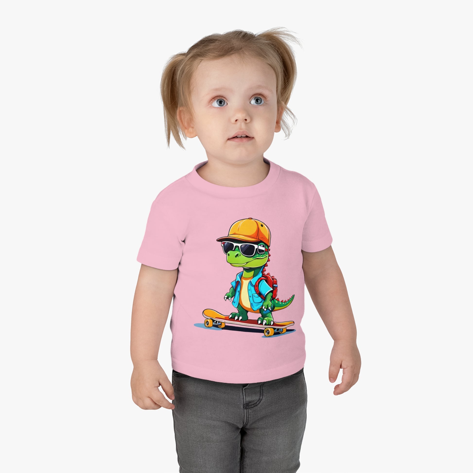 Dino Boy on Skate Board, Too Cool For School Infant Cotton Jersey Tee Pink on Girl