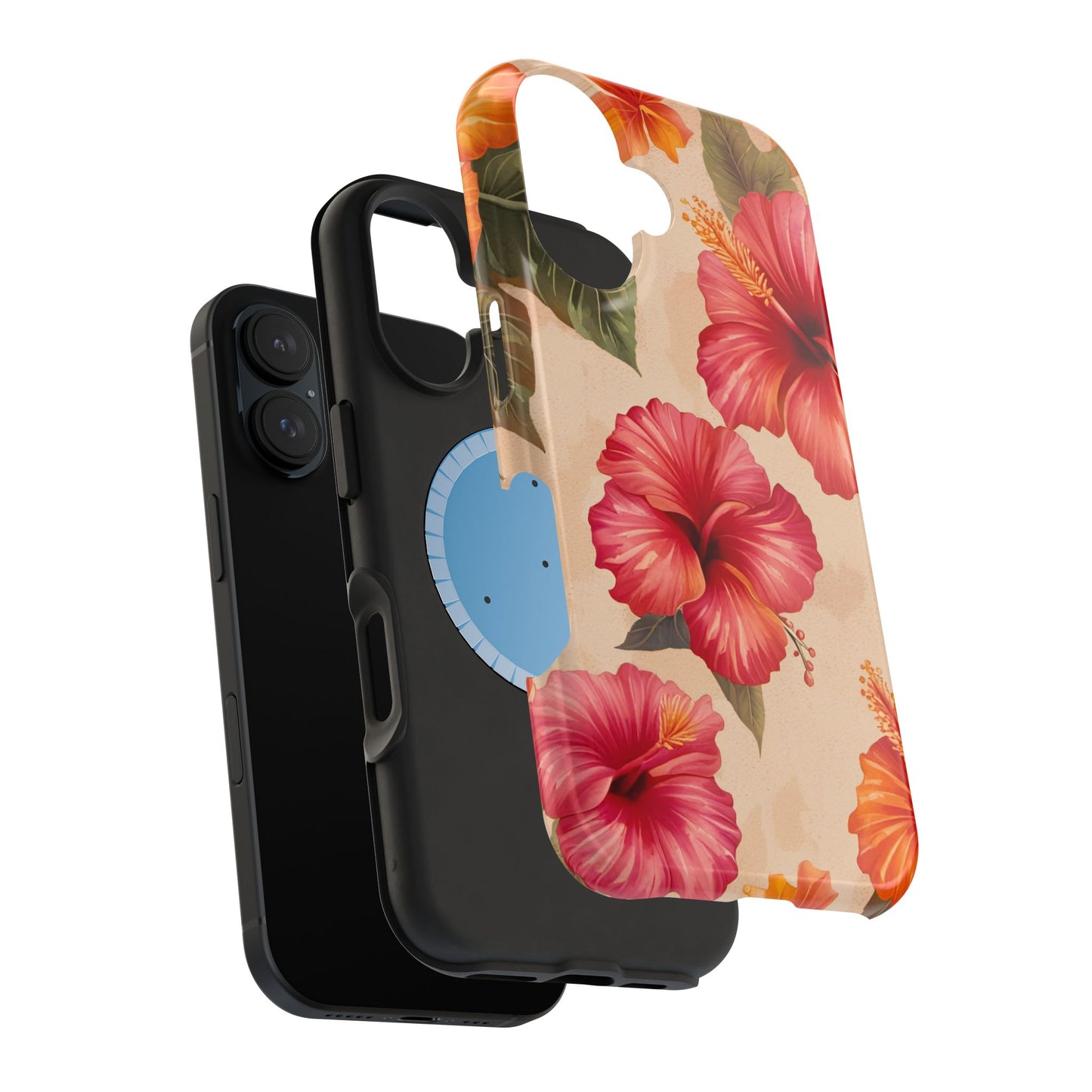 Magnetic Tough Cases for iPhone 16, Pink and Orange Hibiscus Flowers Print on Tough Case for all Models of iPhone 16