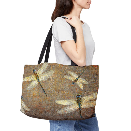 Silver Dragonflies on Distressed Background Print on Oversized Weekender Bag, Dragonfly Themed Beach Bag