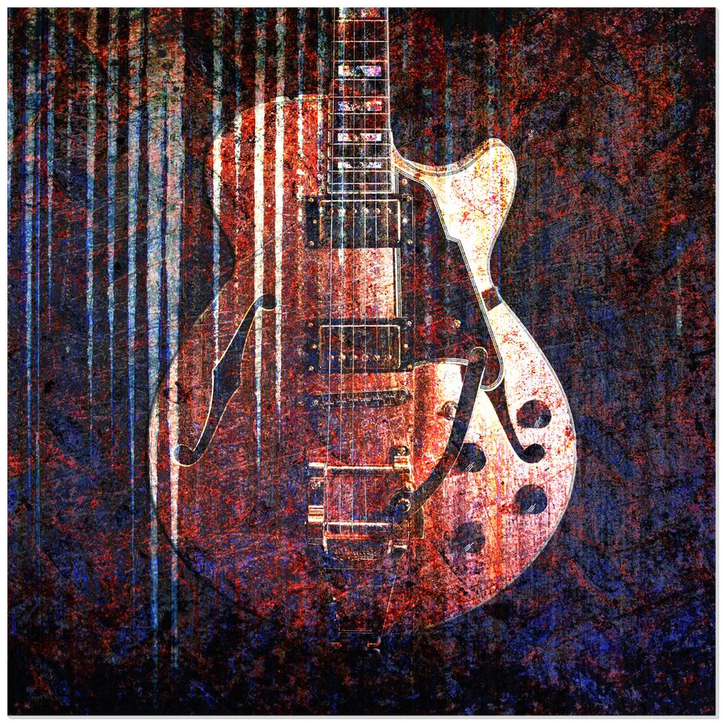 Music and Guitar Wall Decor - Electric Guitar Grunge Red and Blue Filters Printed on an Acrylic Panel image