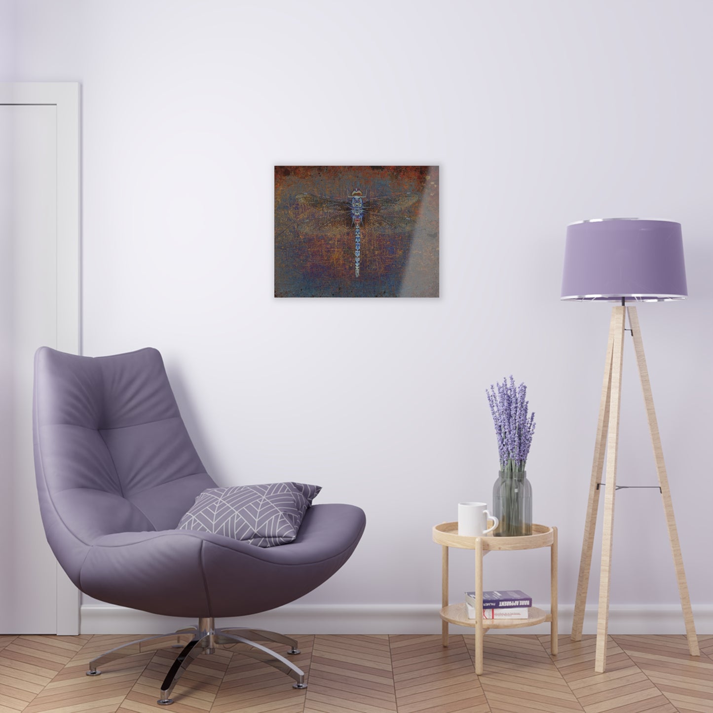 Dragonfly on Distressed Purple and Orange Background Print on a Crystal Clear Acrylic Panel 20x16 hung on white wall