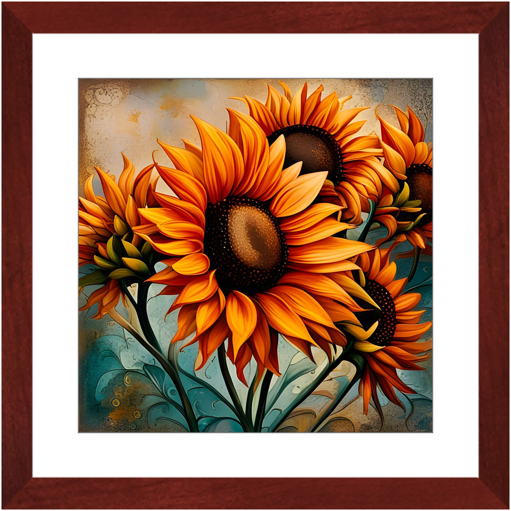 Sunflowers crop Print on Archival Paper in Cherry Color Wood Frame 16x16