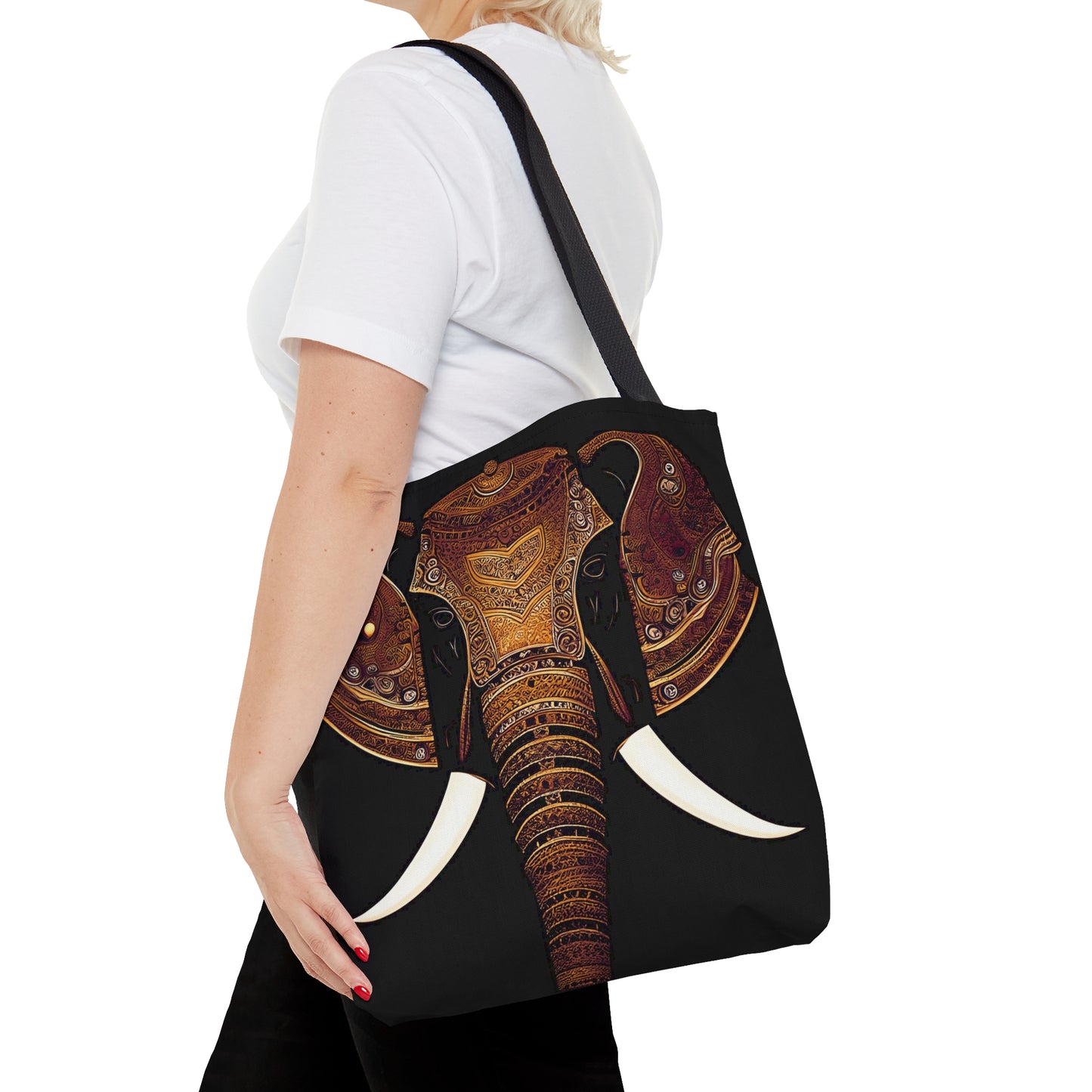 Indian Elephant Head With Parade Colors on Black Background tote bag medium