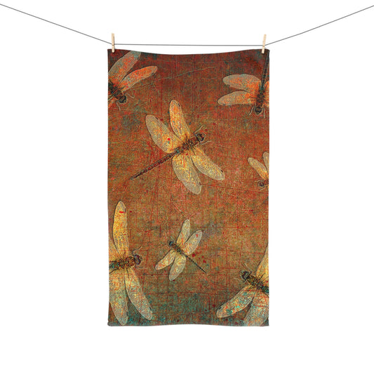 Golden Dragonflies on Orange and Green Background Print on Hand Towel