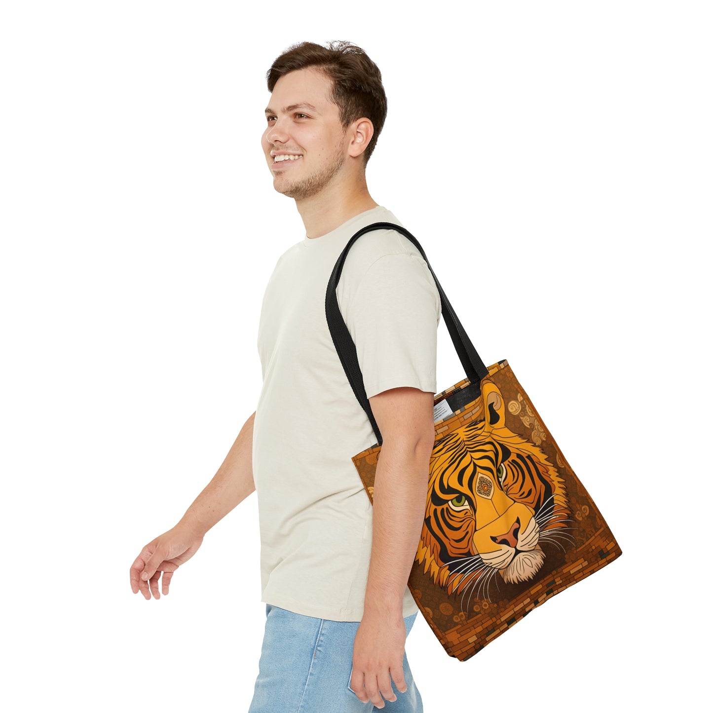 Tiger Head in the Style of Gustav Klimt Printed on Tote Bag small with male model