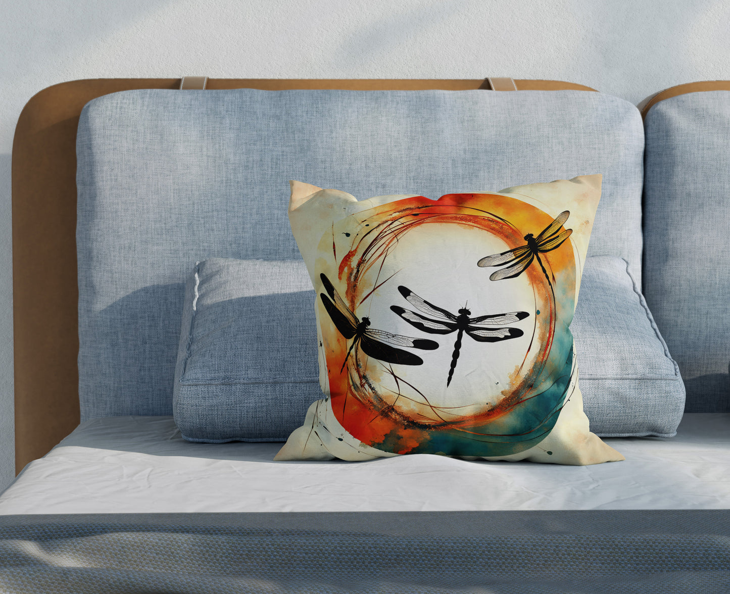 Dragonflies Silhouettes in a colorful Enso circle print on Polyester Square Pillow on sofa