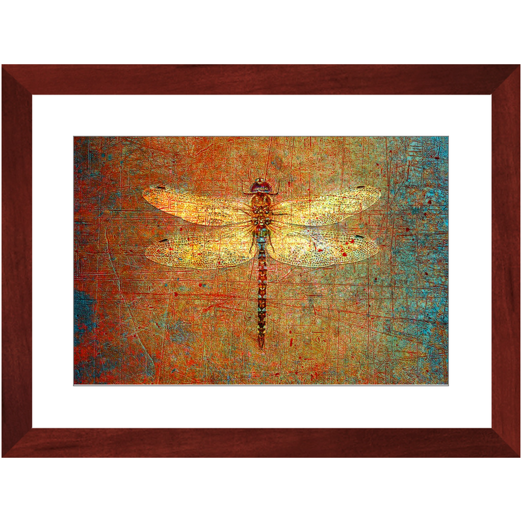 Golden Dragonfly on Distressed Brown Background Framed in a Rectangle Cherry Color Wood Frame 18x12