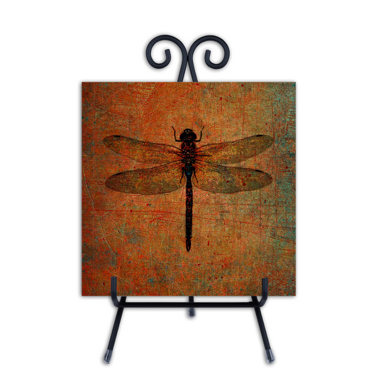 Brown Dragonfly Print on a 8 by 8 Ceramic Tile with a Metal Stand