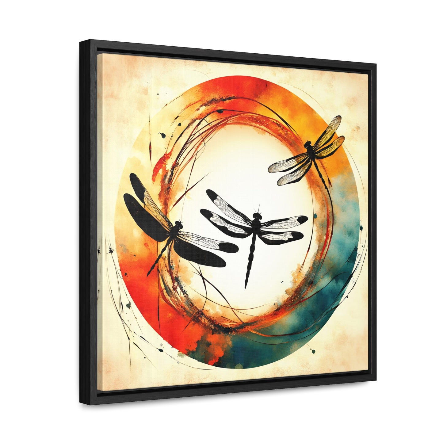 Dragonflies Silhouettes in a colorful Enso circle Print on Canvas in a Floating Frame side view