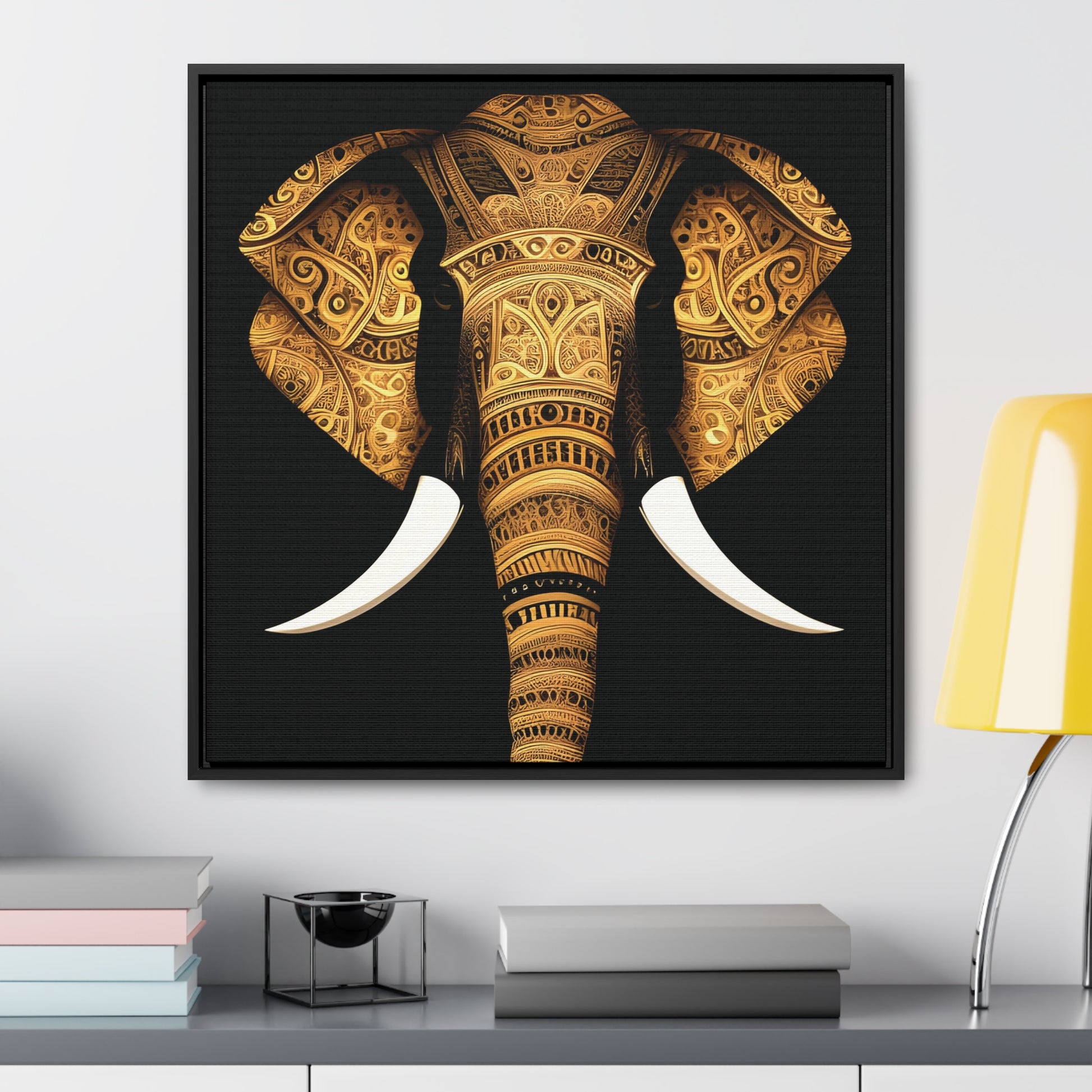 Gold Tribal Elephant Head on Black Background Print on Canvas in a Floating Frame 24x24
