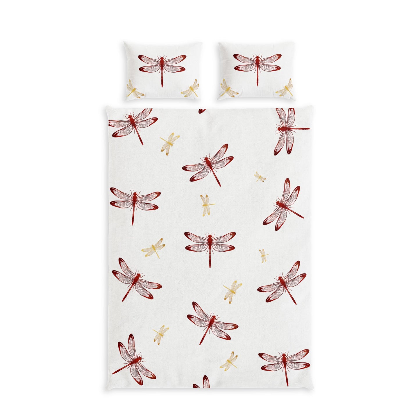 A bedding set featuring a duvet cover and two matching pillowcases with a watercolor dragonfly pattern on a white background.