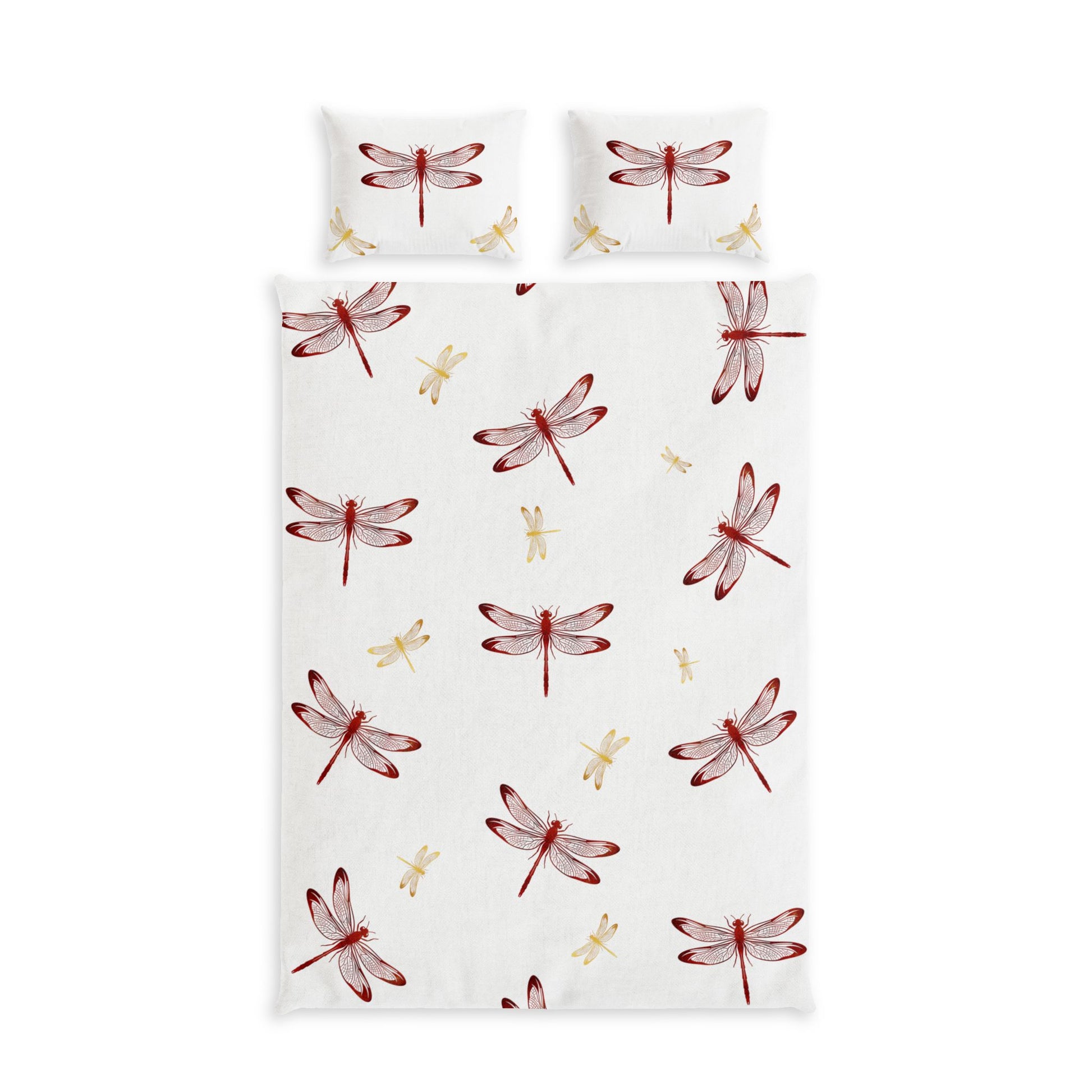 A bedding set featuring a duvet cover and two matching pillowcases with a watercolor dragonfly pattern on a white background.
