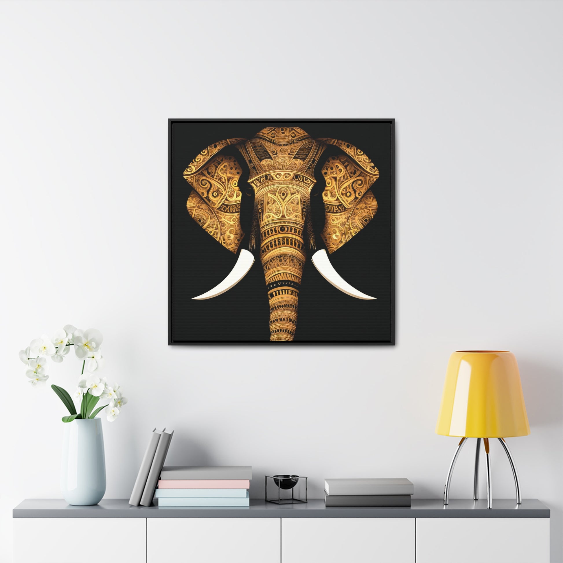 Gold Tribal Elephant Head on Black Background Print on Canvas in a Floating Frame 36x36