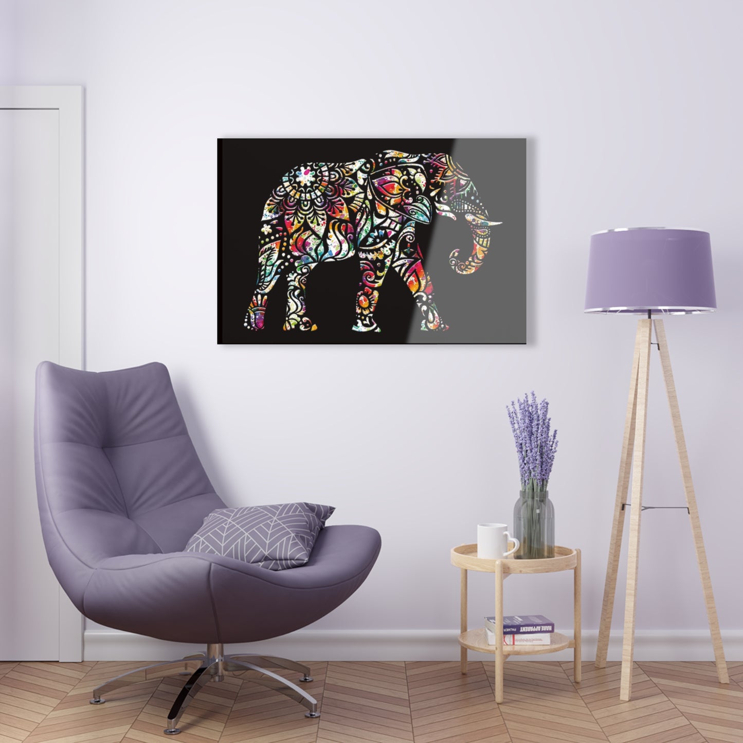 Elephant Themed Wall Art - Multicolor Indian Elephant on Black Background Printed on a Crystal Clear Acrylic Panel 36x24 hung on light wall