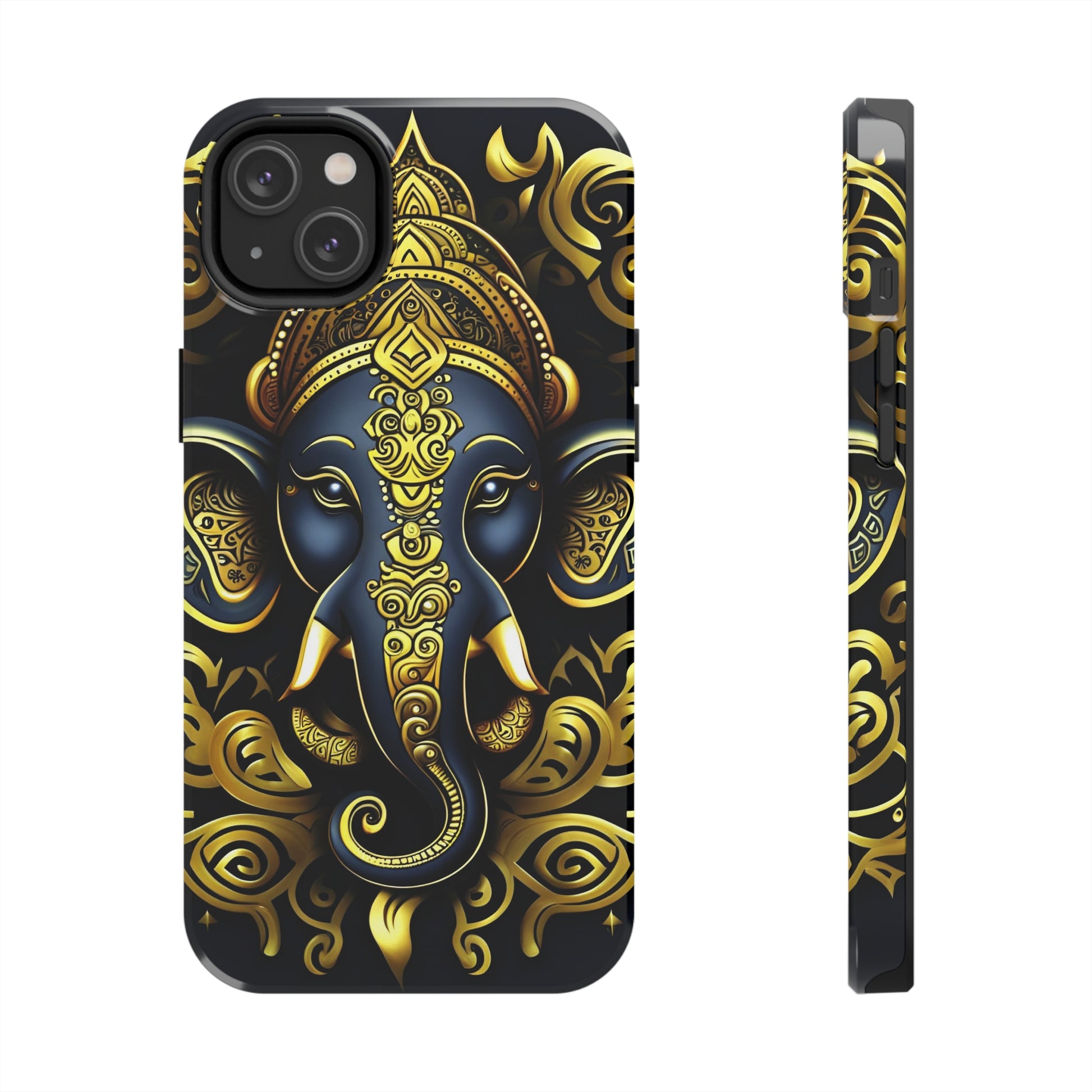 Tough Phone Case for iPhone 14  - Blue and Gold Ganesha Head Tribal Style Printed on Phone Case for iPhone 14 Plus
