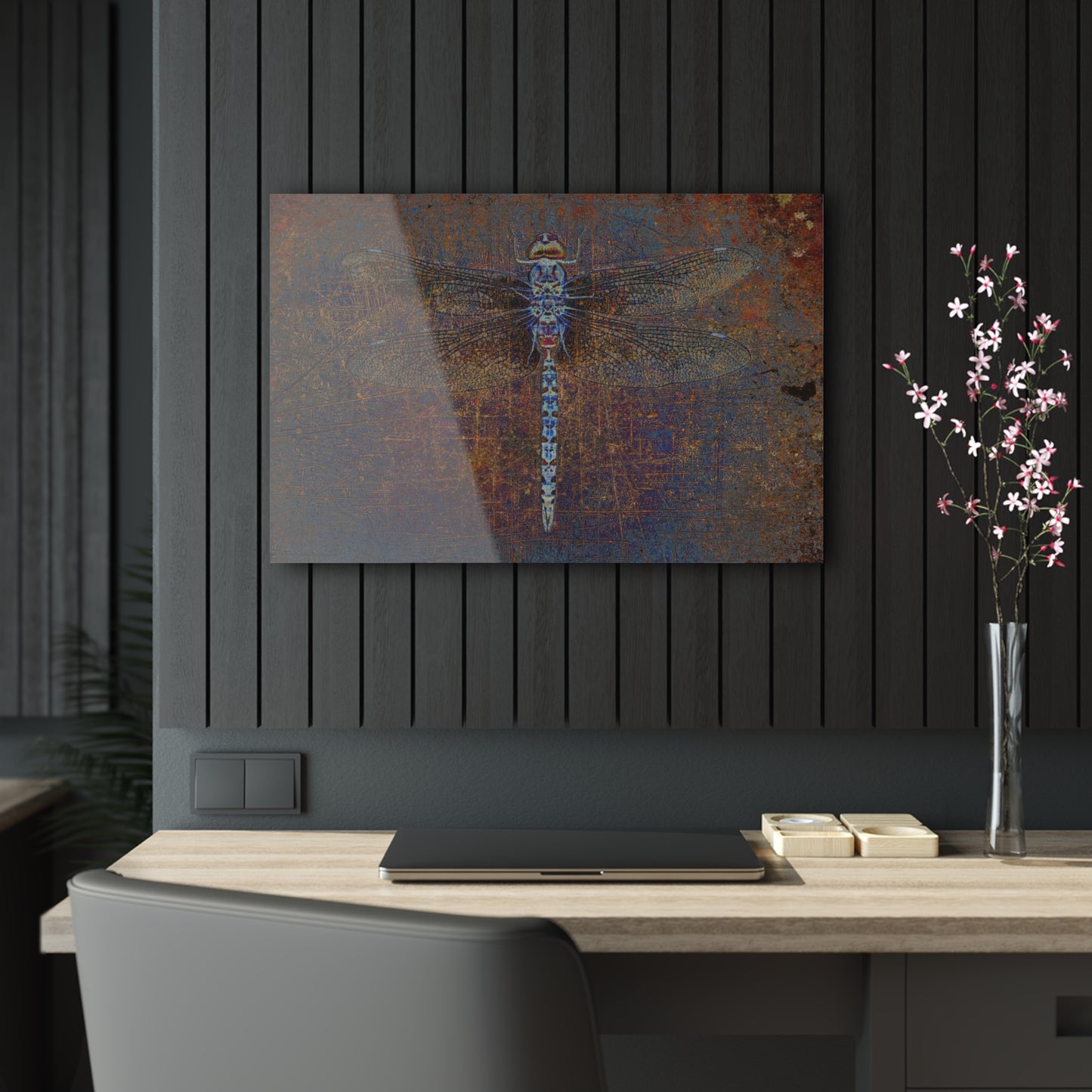 Dragonfly Themed Modern Wall Art - Dragonfly on Distressed Purple and Orange Background Print on a Crystal Clear Acrylic Panel