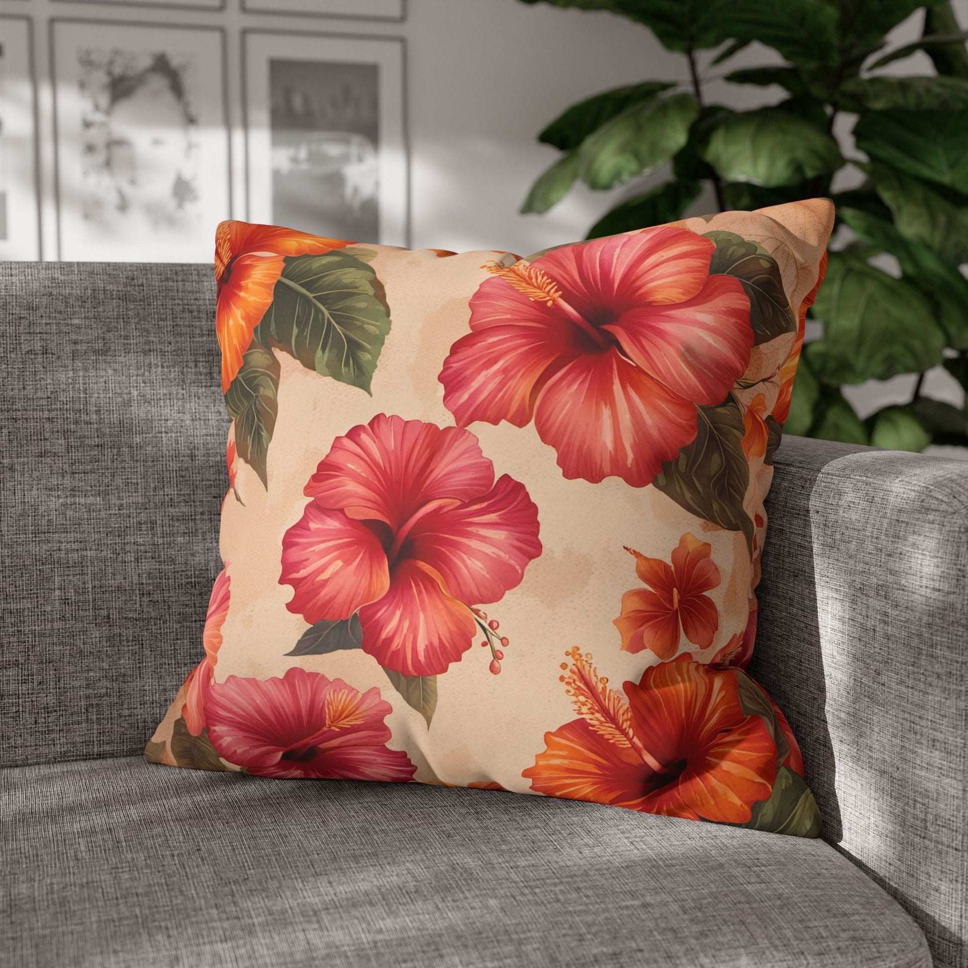 Hibiscus Flowers Pillow Cover front on sofa