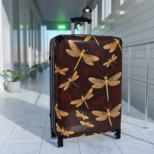 Golden Dragonflies on Velvet Red Background Printed on Hard Shell Suitcase small