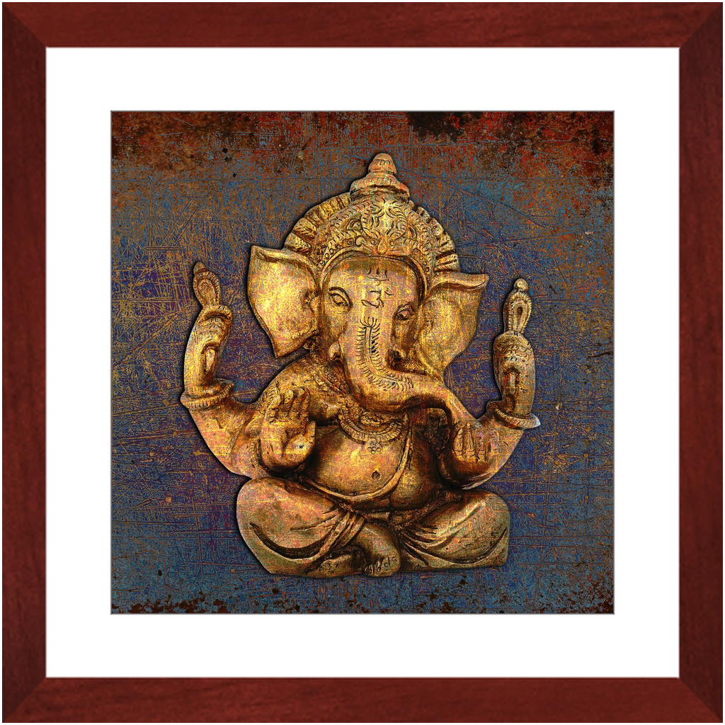 Ganesha on Distressed Purple and Orange Background Print in Cherry Color Wood Frame 16x16