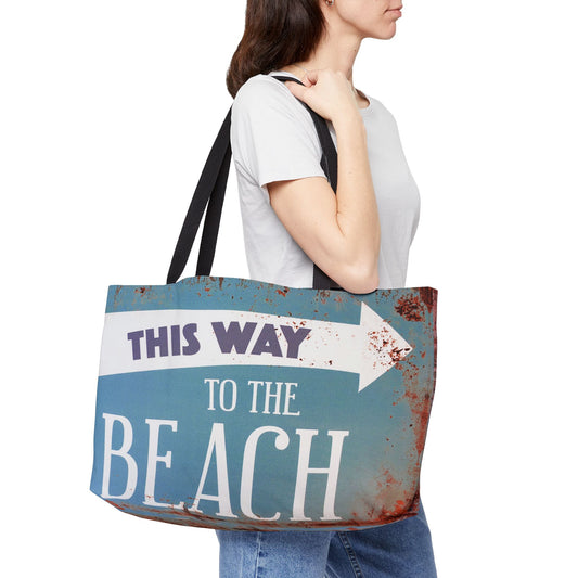 This Way to the Beach Print on Oversized Beach and Weekender Bag