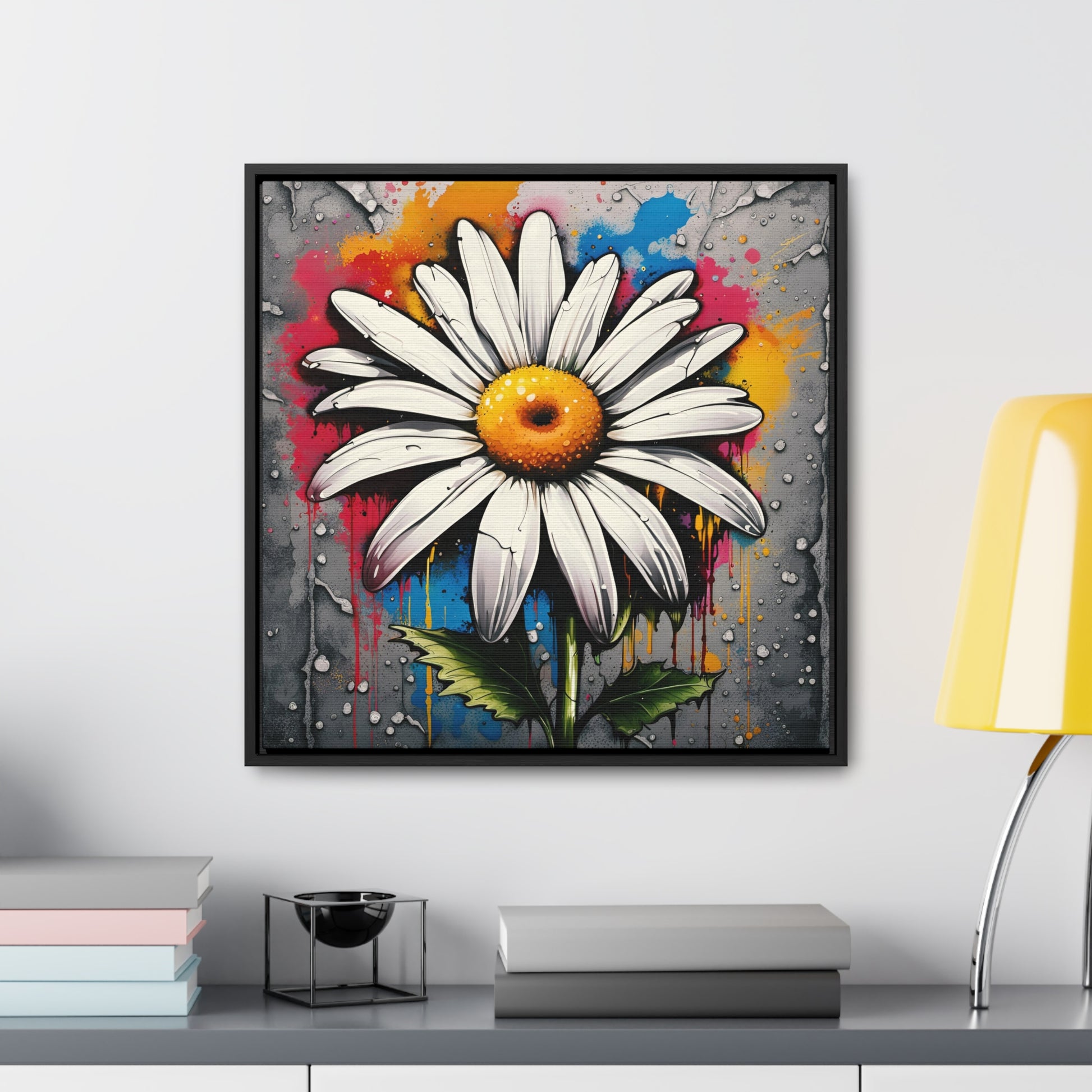 Floral themed Wall Art Print - Street Art Style Graffiti Daisy Printed on Canvas in a Floating Frame 20x20