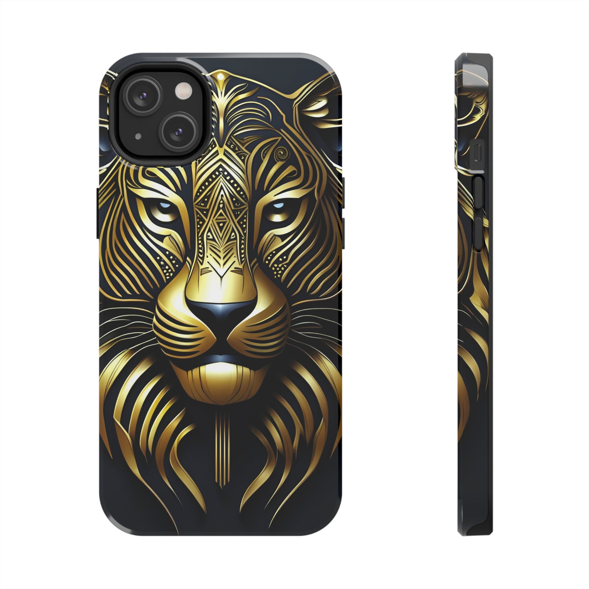 Tough Phone Case for iPhone 14 - Blue and Gold Tribal Tiger Head Art Deco Style Printed on Phone Case for iPhone 14 plus