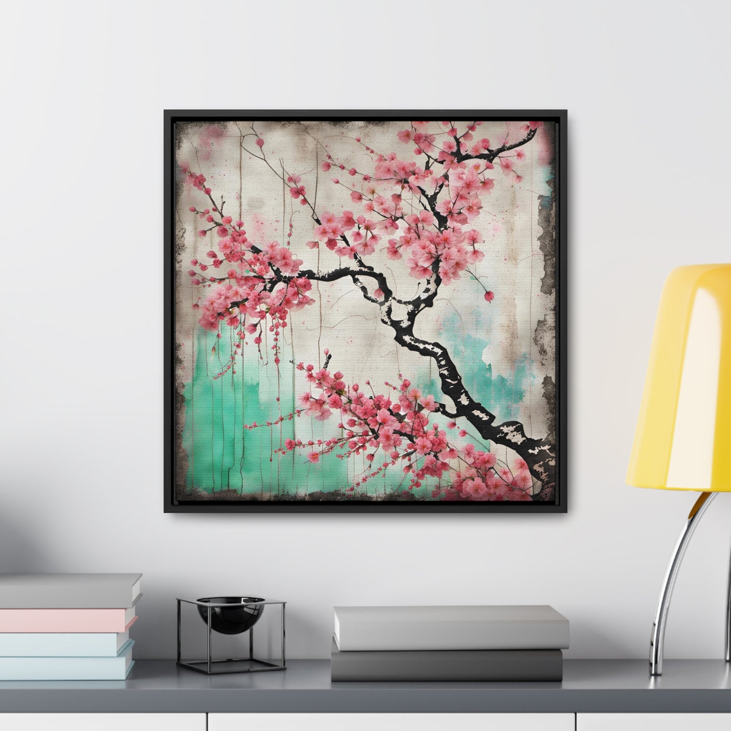 Cherry Blossoms Street Art Style Print on Canvas in a Floating Frame 20x20
