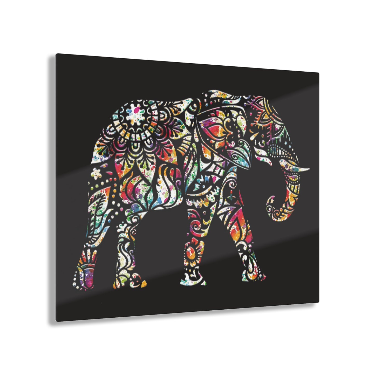 Elephant Themed Wall Art - Multicolor Indian Elephant on Black Background Printed on a Crystal Clear Acrylic Panel