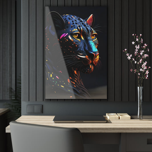 Stylized Colorful Black Panther Head printed on a crystal clear acrylic panel 24x36 hung