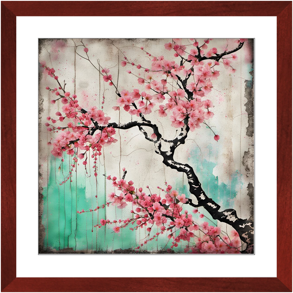 Cherry Blossoms Street Art Style Print on Archival Paper in Cherry Color Wood Frame 20x20