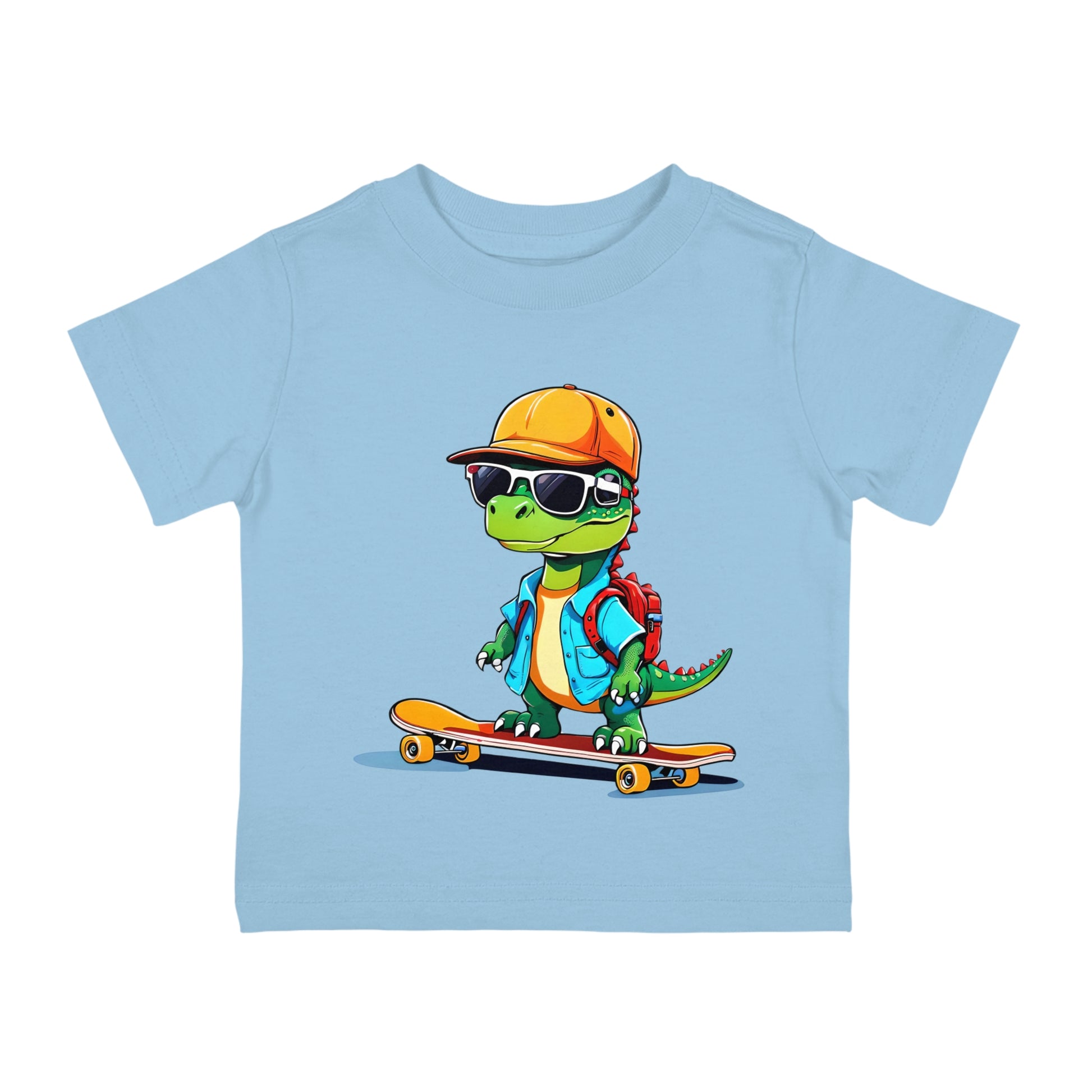 Dino Boy on Skate Board, Too Cool For School Infant Cotton Jersey Tee Light Blue