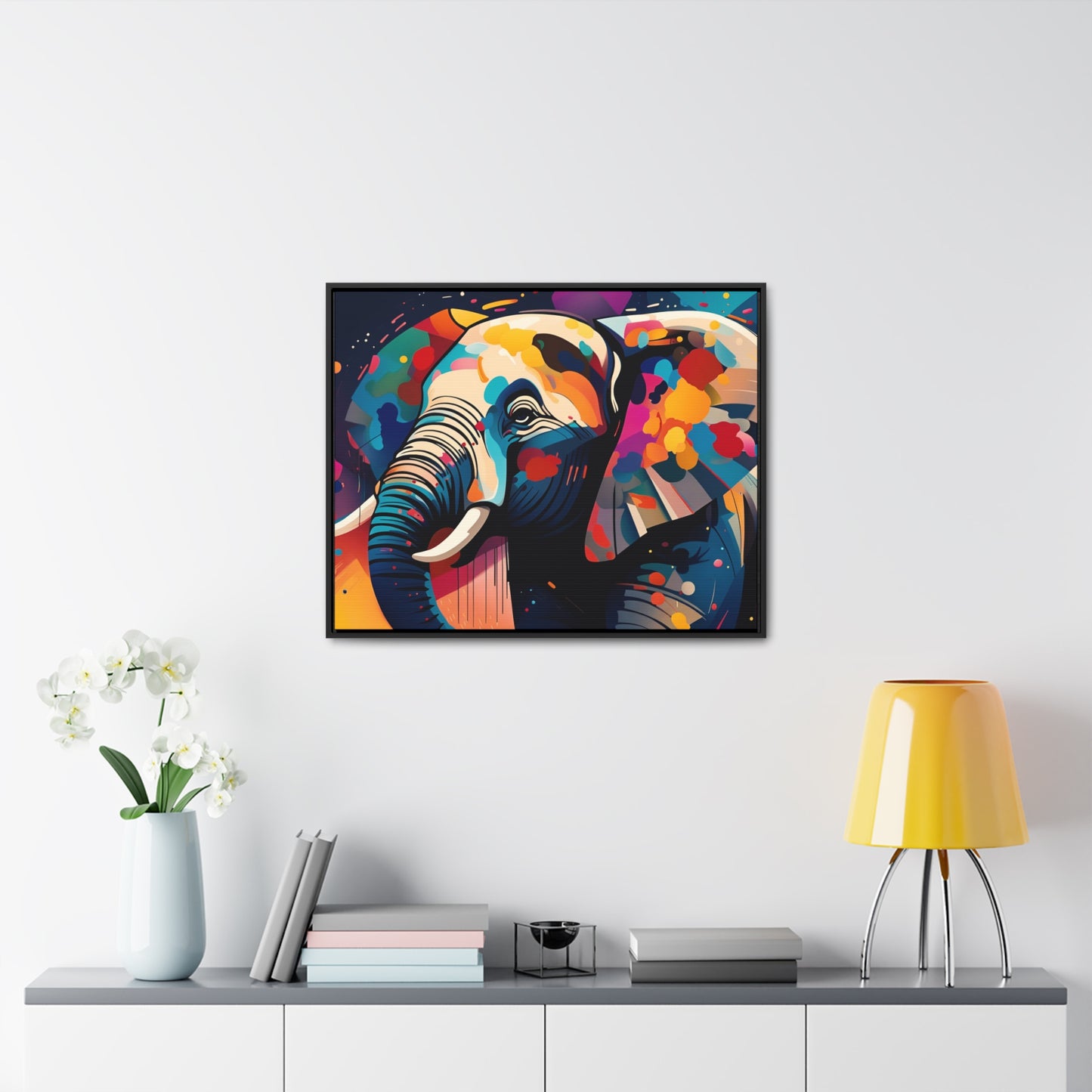 Multicolor Elephant Head Print on Canvas in a Floating Frame 30x24 hung on light wall