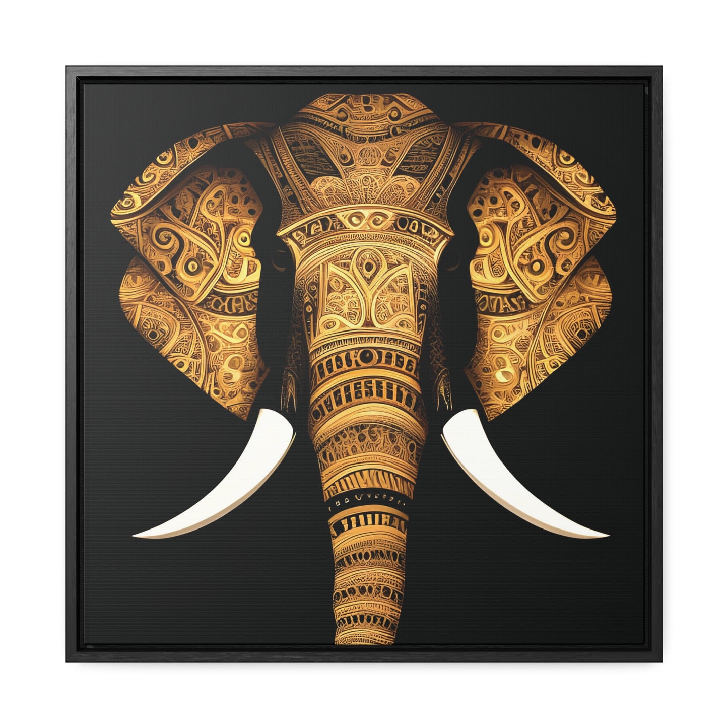 Gold Tribal Elephant Head on Black Background Print on Canvas in a Floating Frame