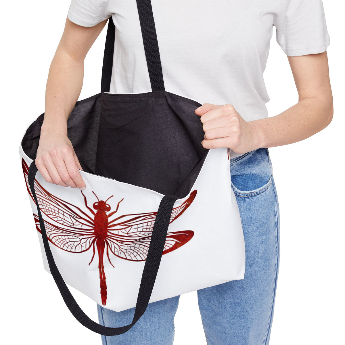 Lava Red Dragonfly Print on Oversized Weekender Bag, Dragonfly Themed Beach Bag