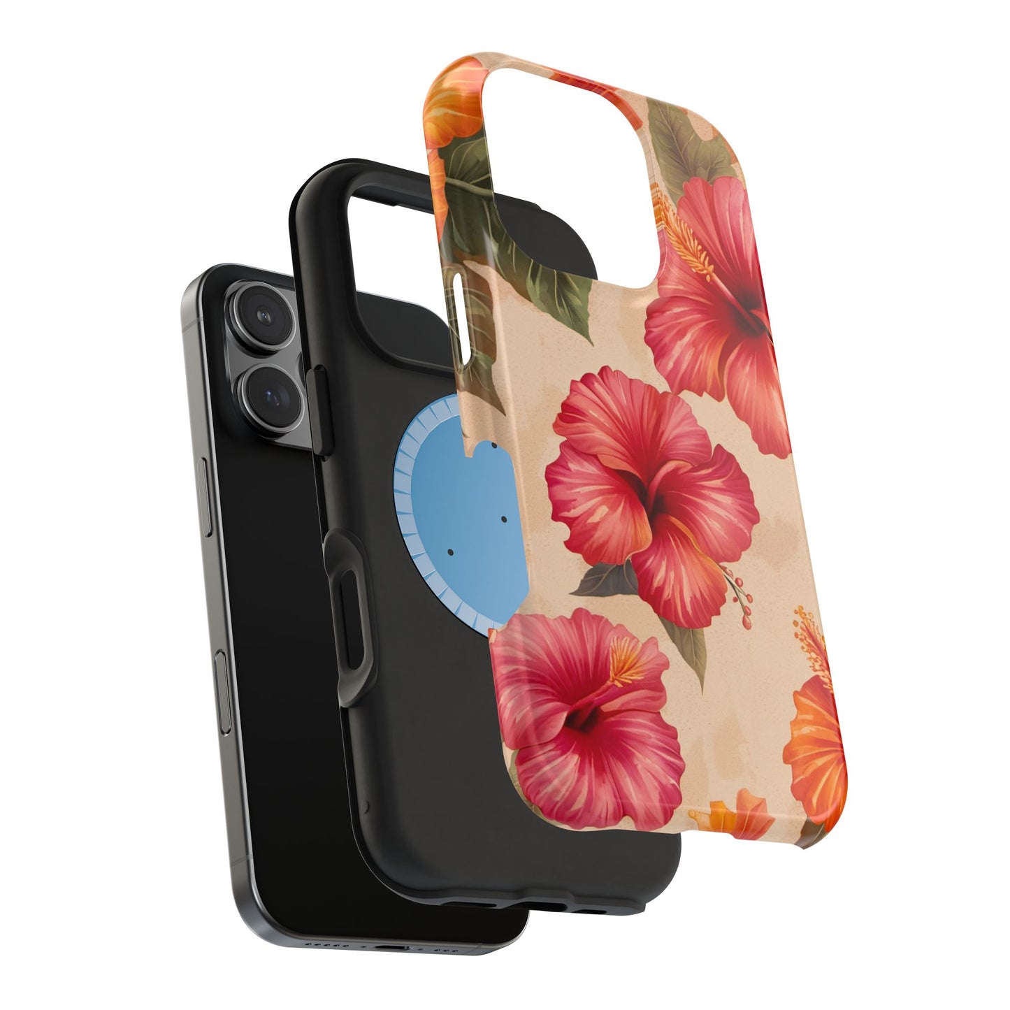 Magnetic Tough Cases for iPhone 16, Pink and Orange Hibiscus Flowers Print on Tough Case for all Models of iPhone 16