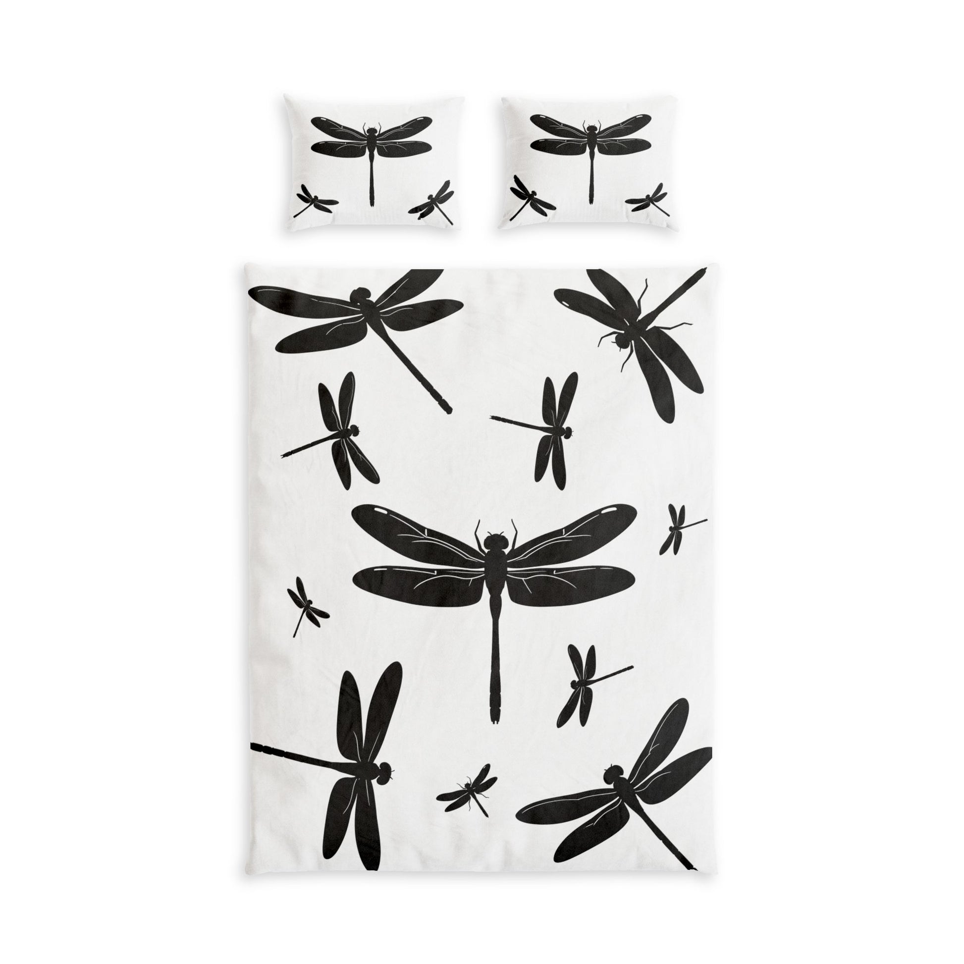A bedding set featuring a duvet cover and two matching pillowcases, all printed with black dragonfly silhouettes on a white background.