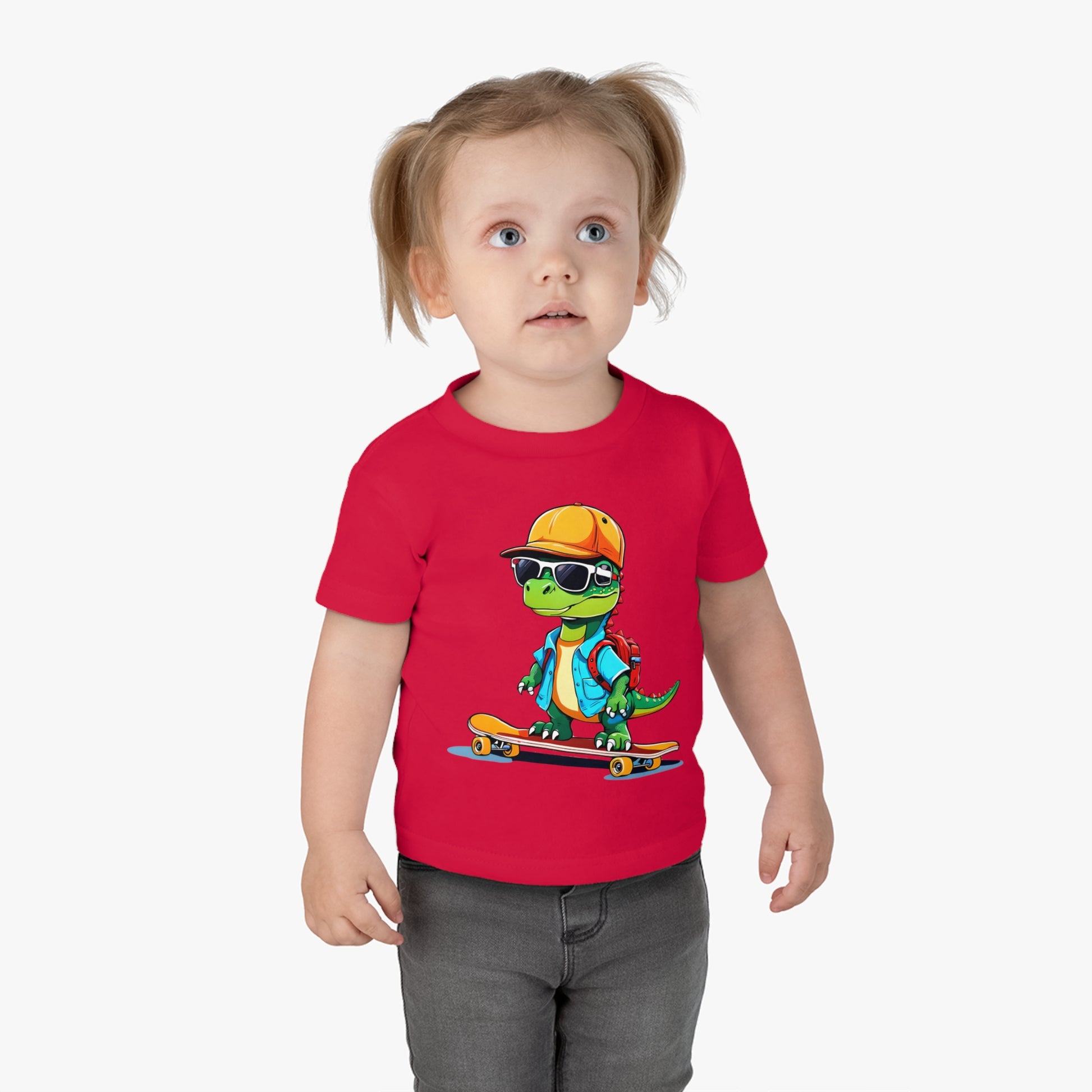 Dino Boy on Skate Board, Too Cool For School Infant Cotton Jersey Tee Red on Girl