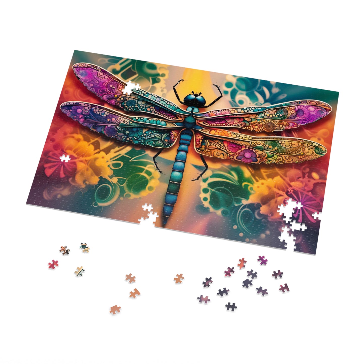Dragonfly Themed Jigsaw Puzzle - Multicolor Psychedelic Dragonfly 1000 Pieces Puzzle in progress