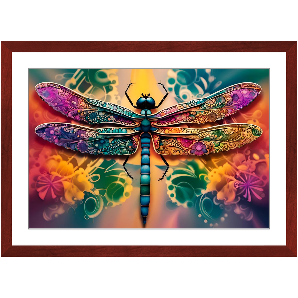 Multicolor Psychedelic Dragonfly Framed Print In A Cherry Color Wood Frame 20x30
