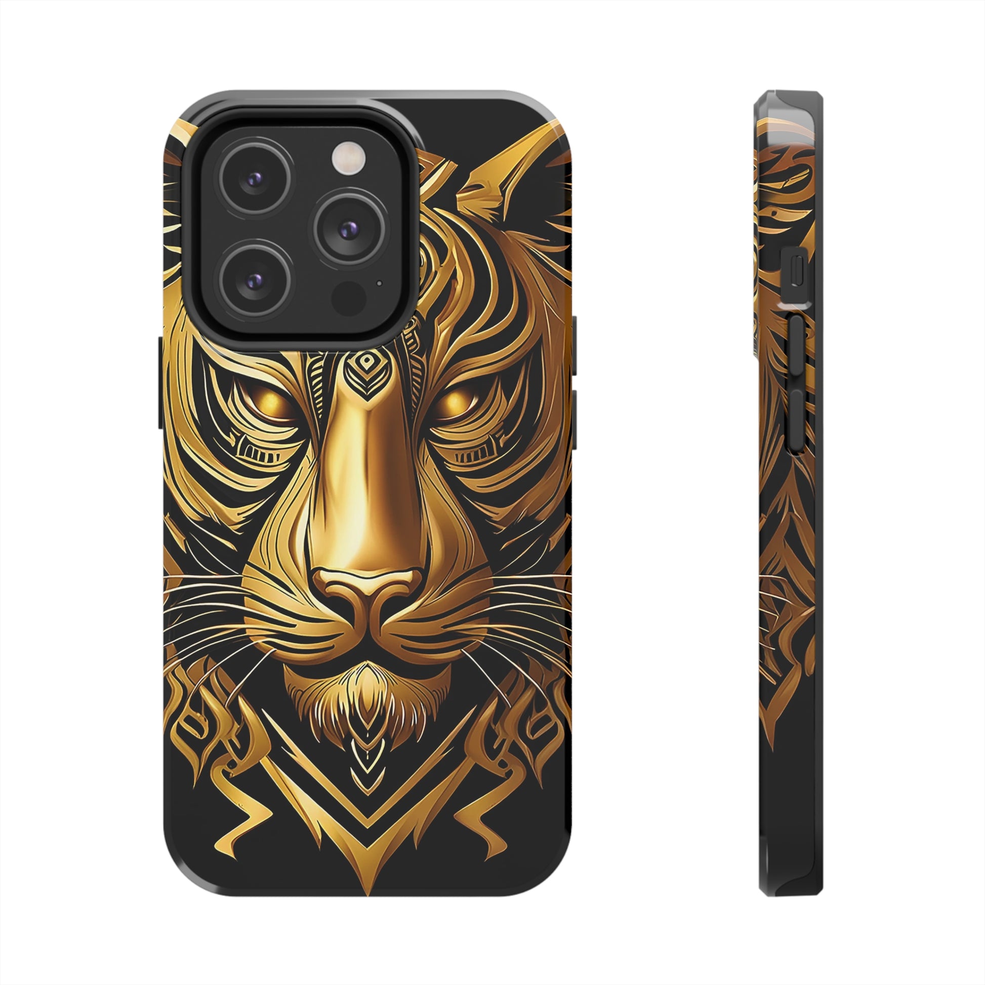 Big Cat Themed iPhone 14 Tough Case - Gold Tribal Tiger Head Printed on Phone Case for iPhone 14 Pro