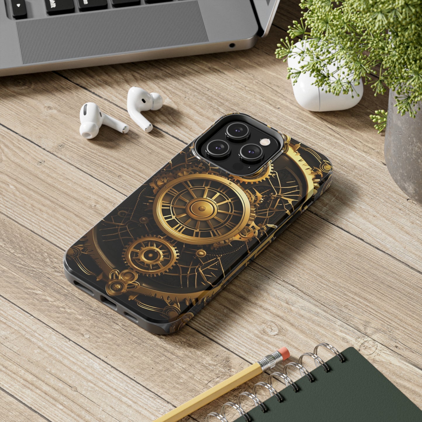 Art Deco Themed Steampunk Panel Tough Phone Case for iPhone  - Gold and Copper Gears Panel Style Printed on Phone Case for iPhone 14 Pro Max on desk