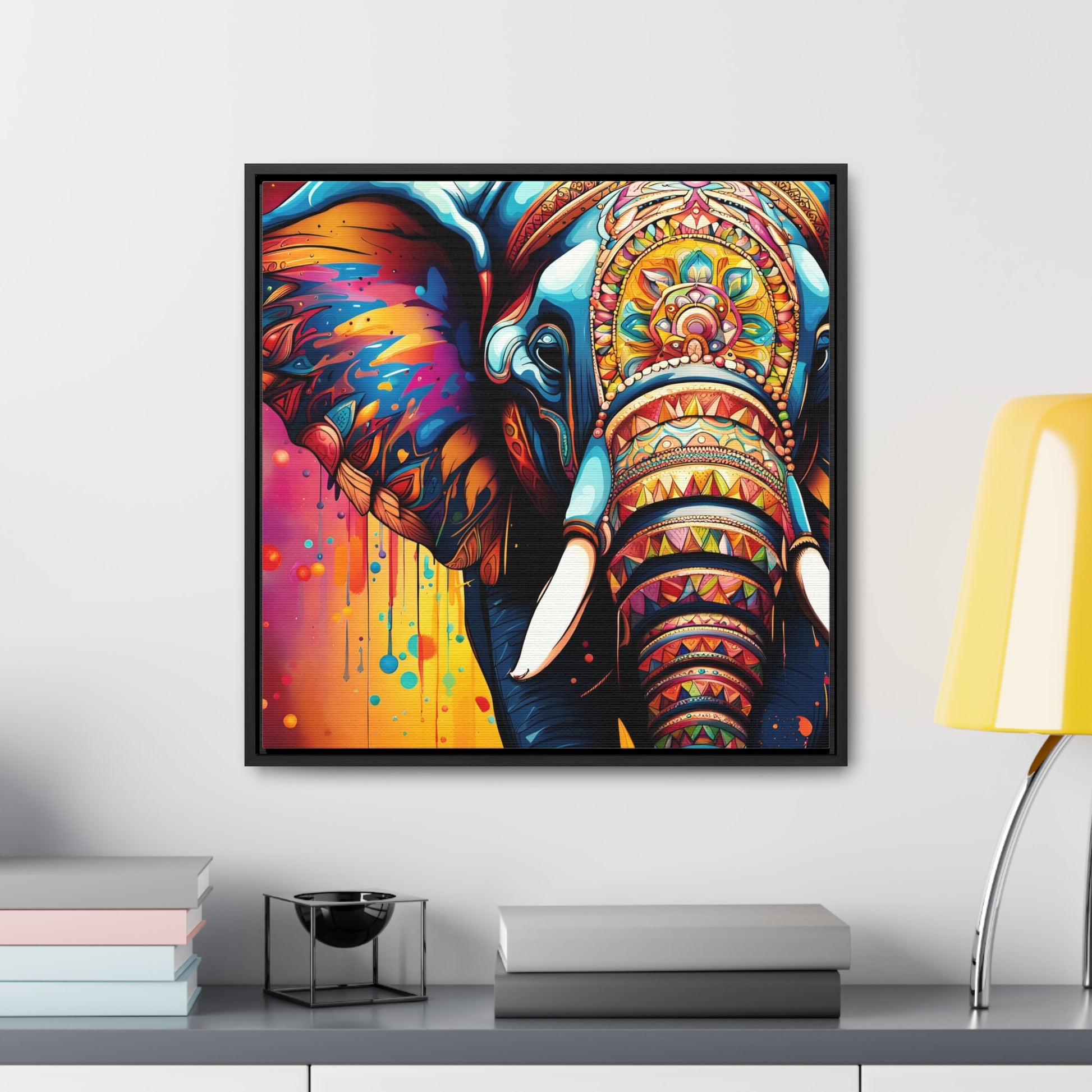 Stunning Multicolor Elephant Head Print on Canvas in a Floating Frame 20x20 hung on light wall