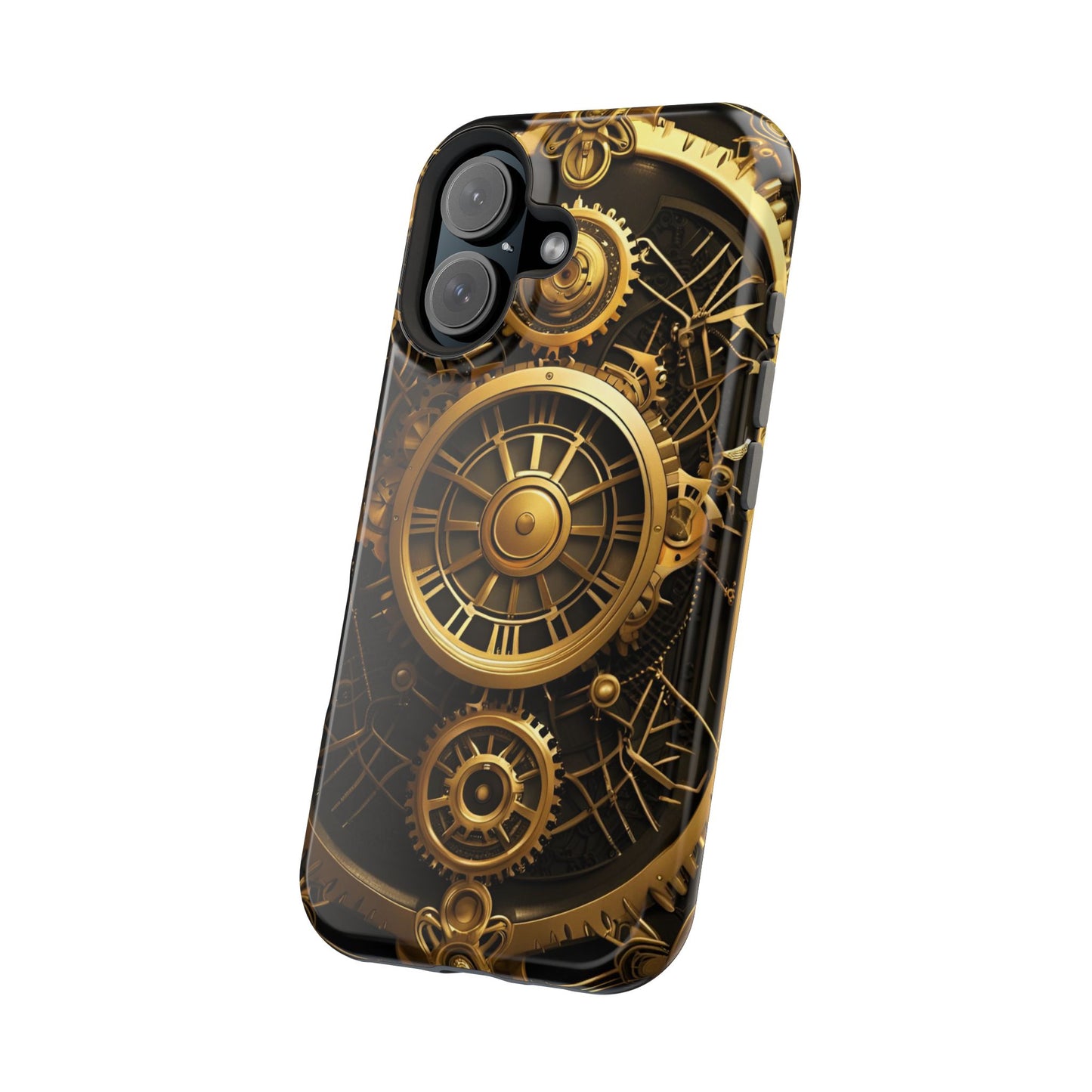 Magnetic Tough Cases for iPhone 16, Art Deco Themed Steampunk Gold and Copper Gears Panel Printed on Phone Case for iPhone 16