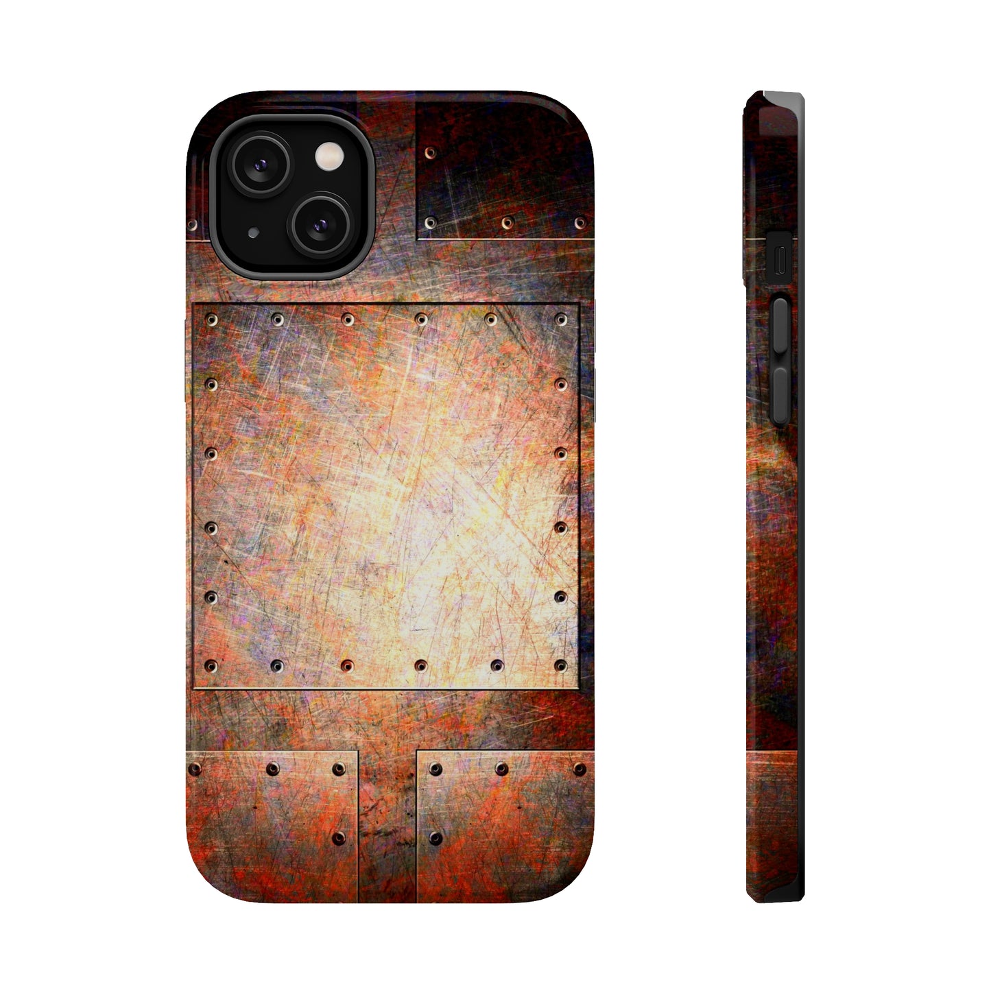 Steampunk Themed Mag Safe Tough Cases for iPhones 13 and 14 - Distressed Riveted Metal Plates Print