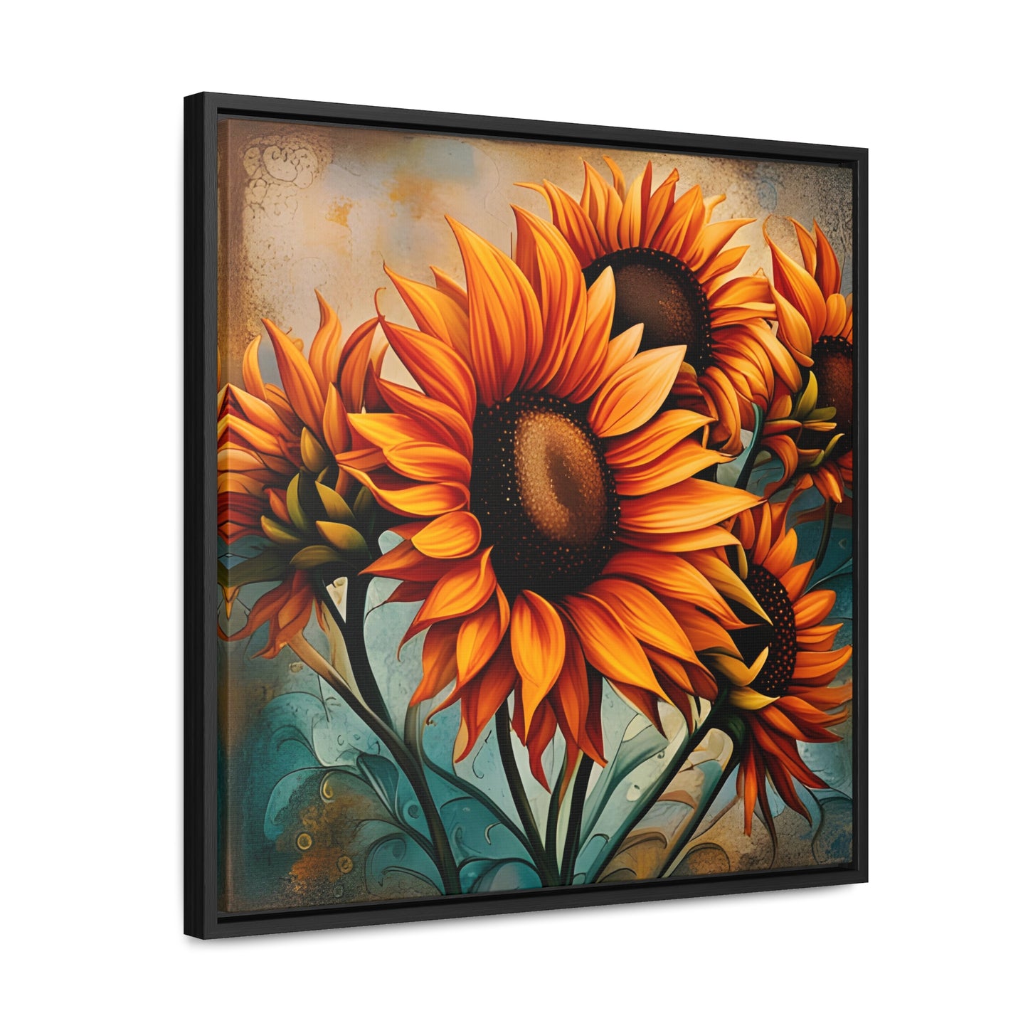 Sunflower Lovers Delight - Sunflower Crop on Distressed Blue and Copper Background Printed on Canvas in a Floating Frame side view