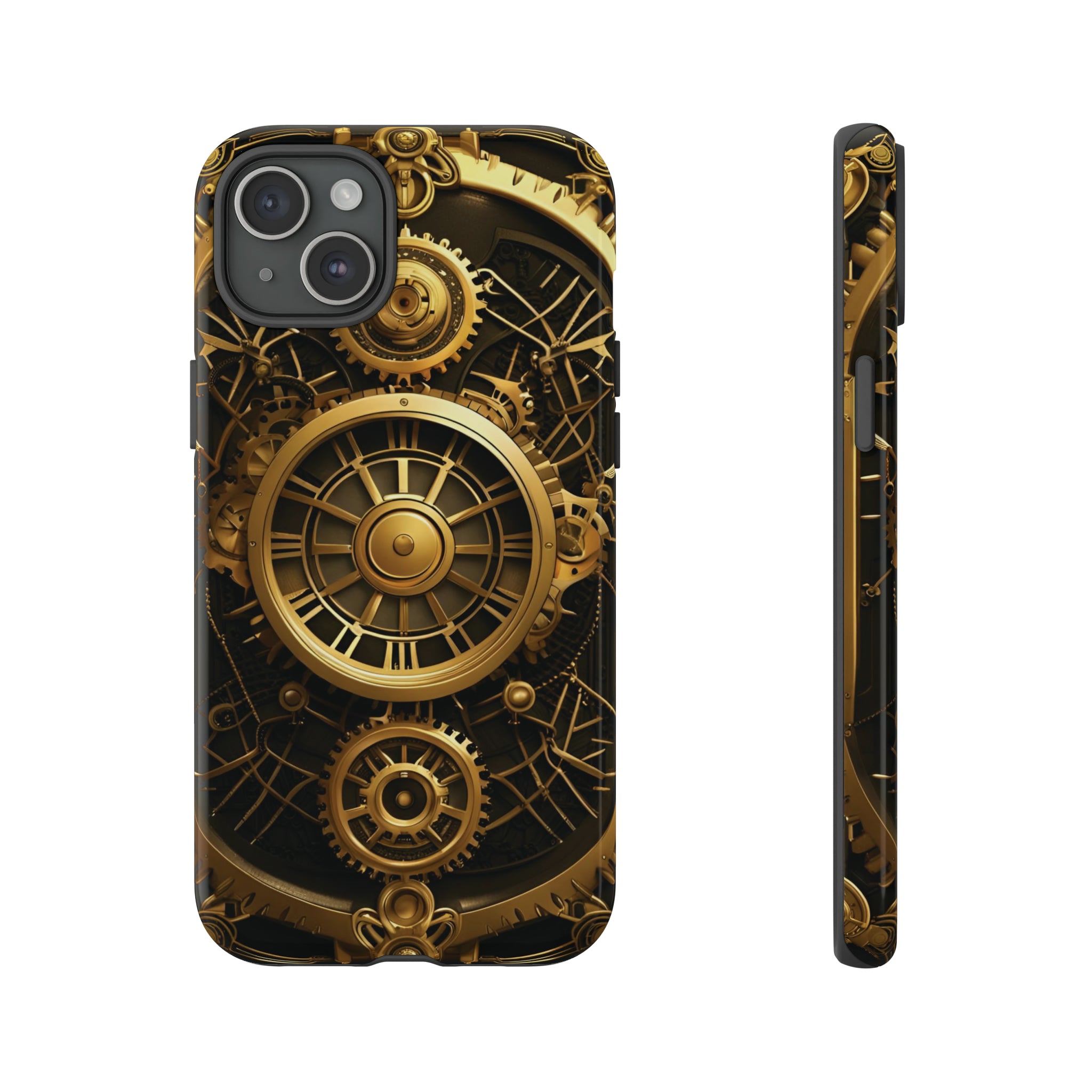 Tough Phone Case for iPhone 15 Art Deco Themed Steampunk Gold and Copper Gears Panel Printed on Phone Case for iPhone 15