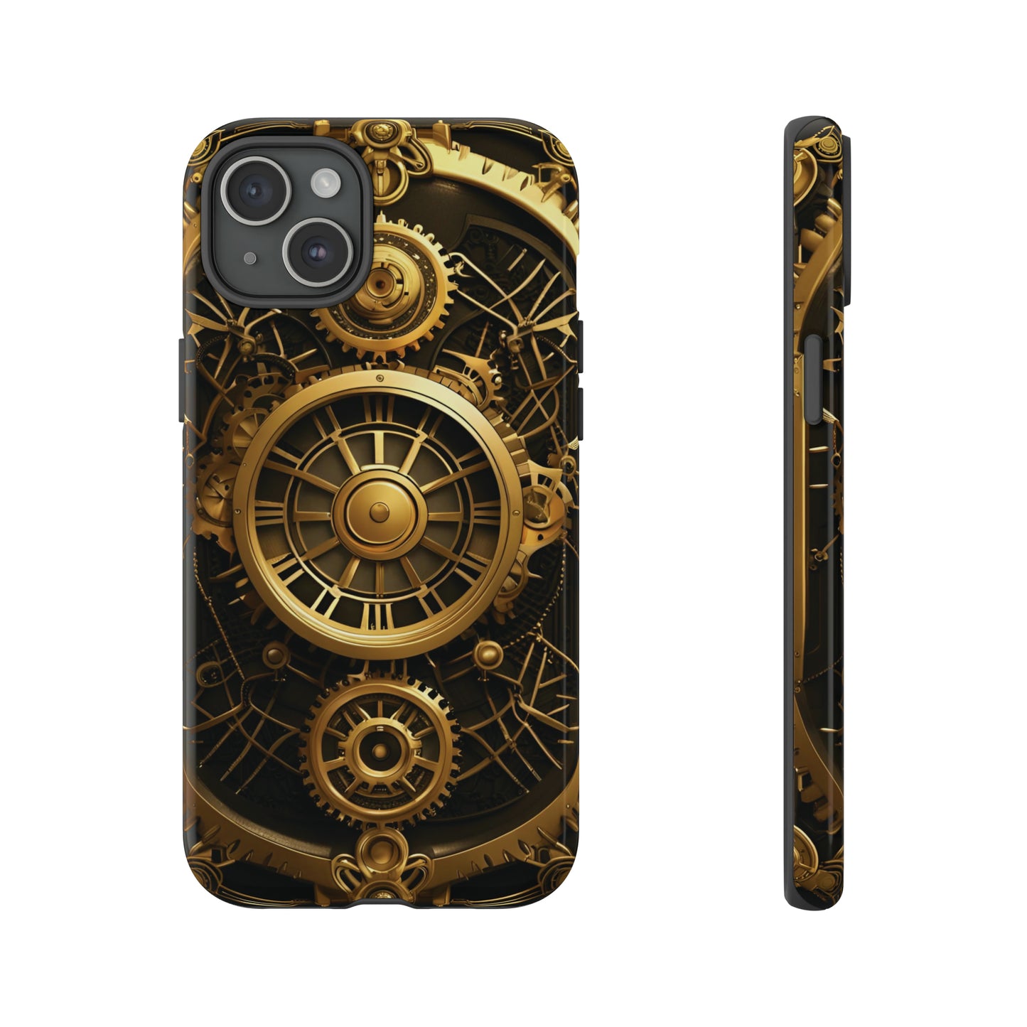 Art Deco Themed Steampunk Panel Gold and Copper Gears Panel Style Printed on Phone Case for iPhone 15 Plus front and side