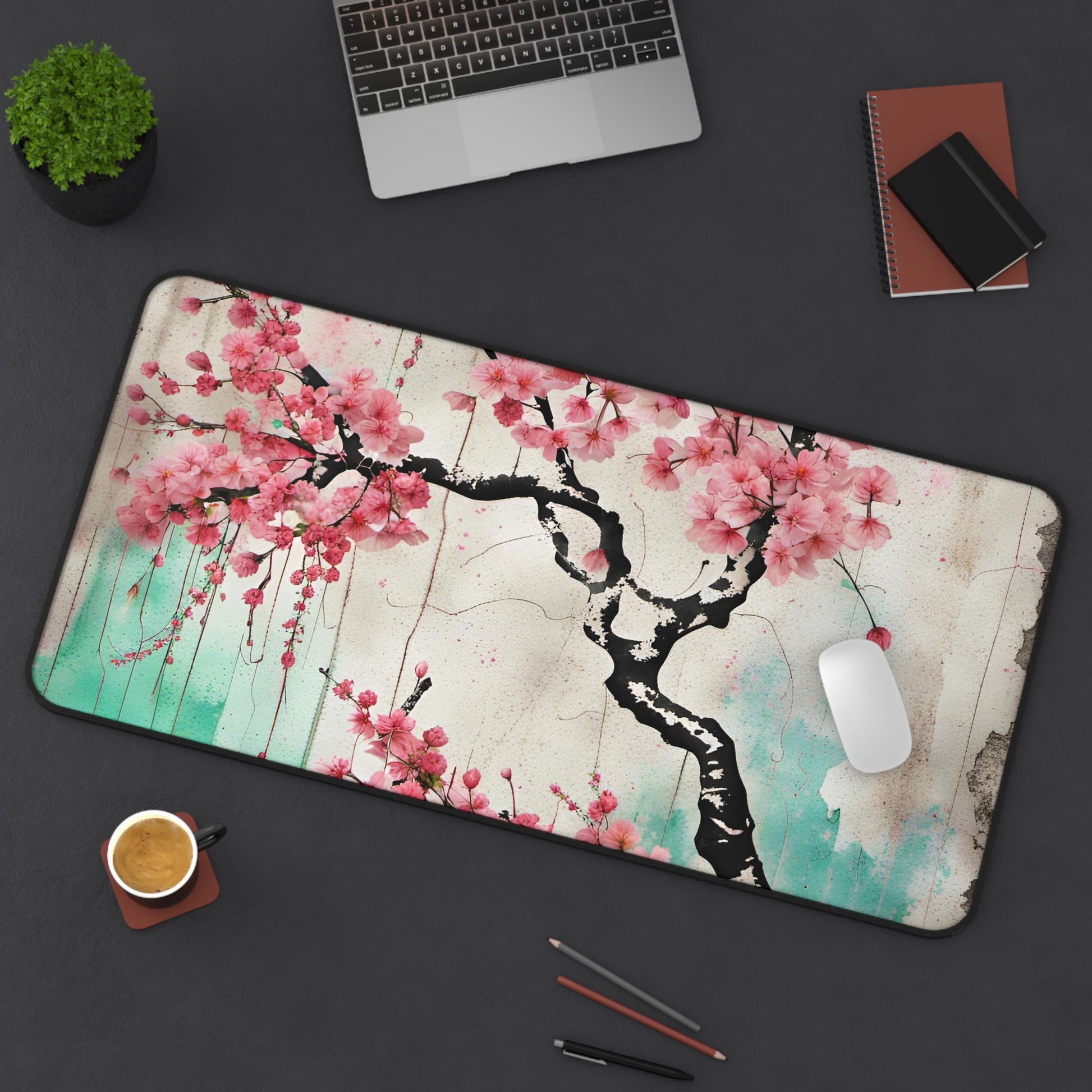 Cherry Blossoms Street Art Style Printed on Desk Mat 15x31 on desk